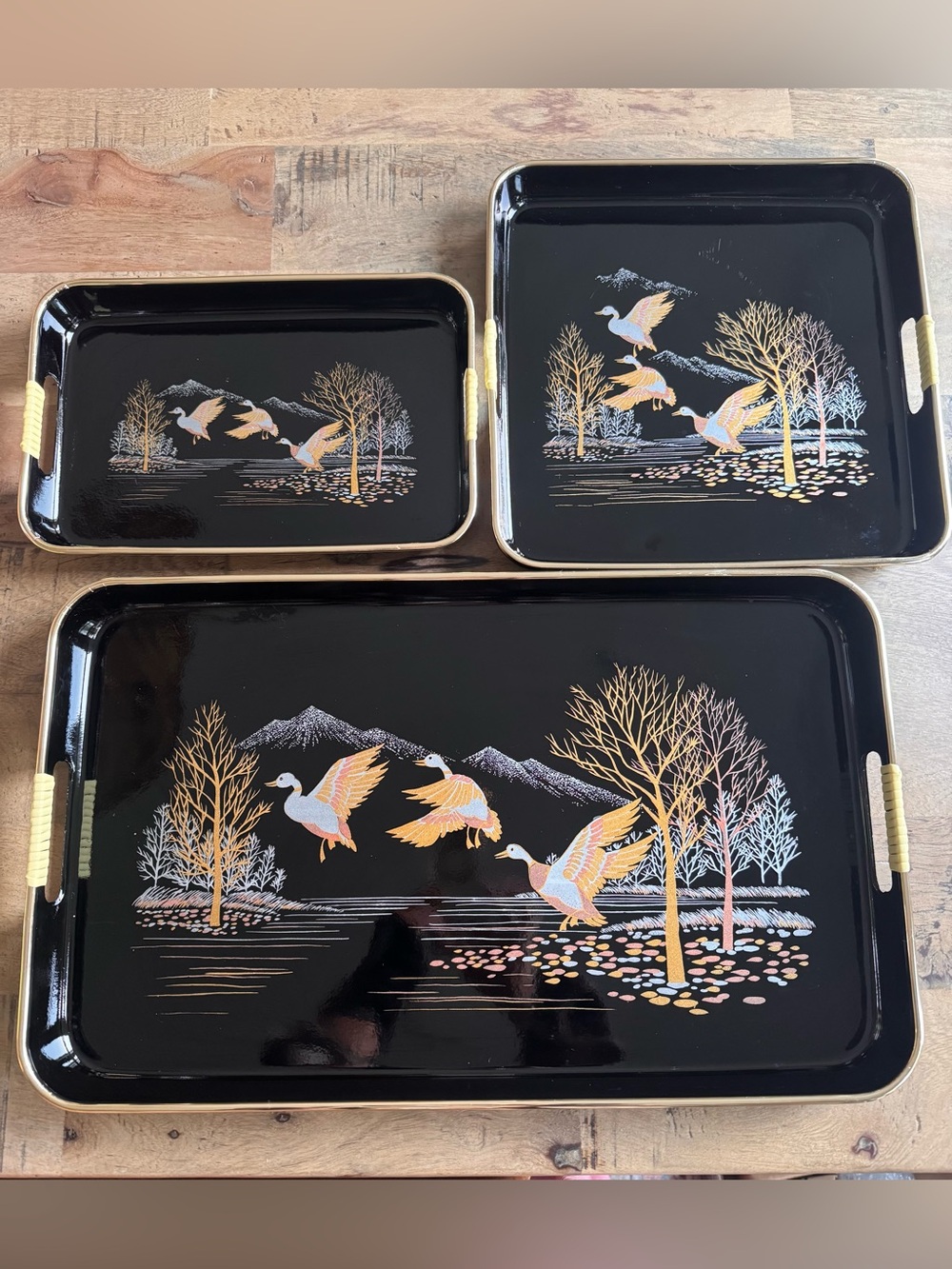 Mid Century Japanese Black Lacquerware Nesting Serving Trays (Set of 3)